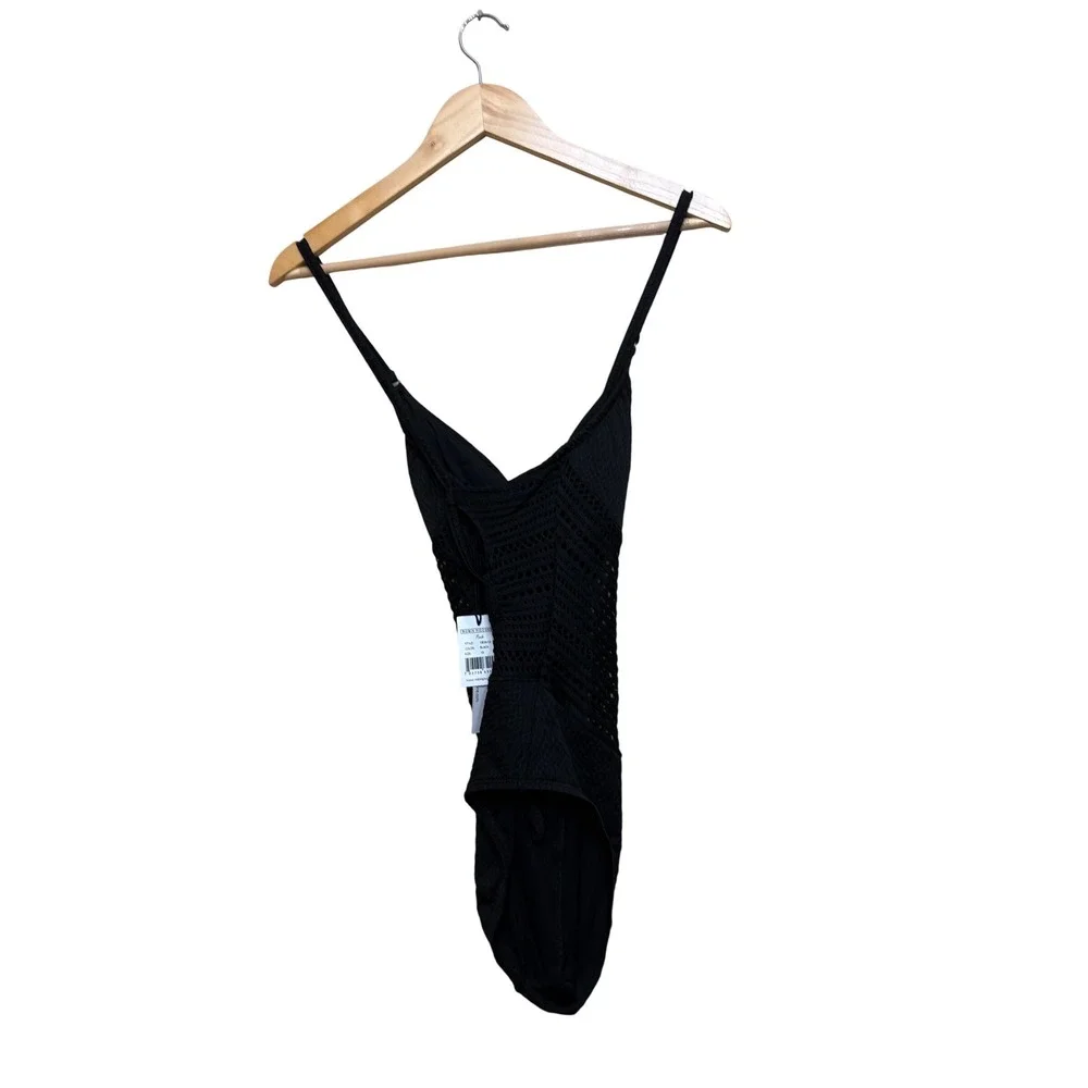 Robin Piccone Perla Black Crochet One Piece Swimsuit 182613 Womens Size 10 NEW